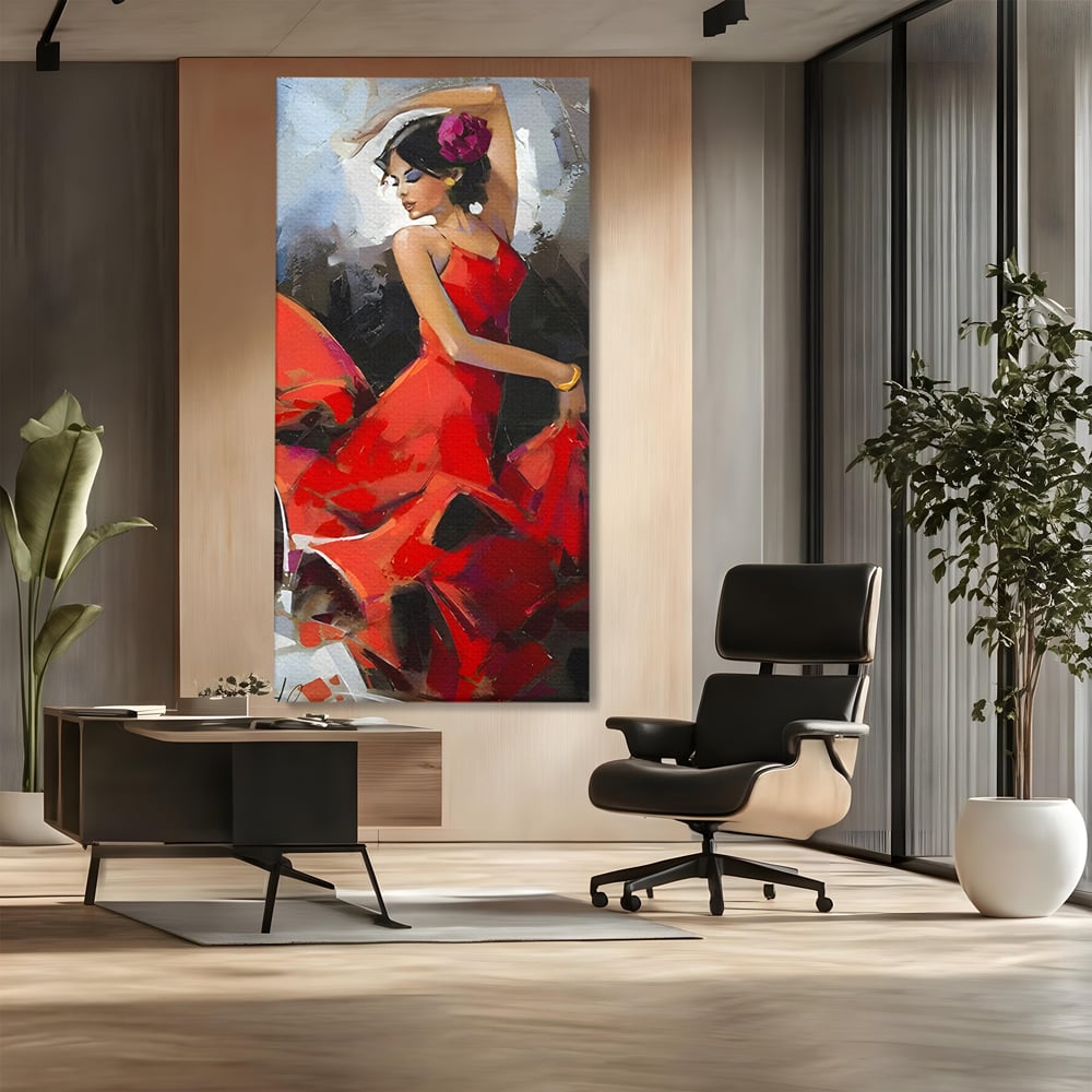 Tablou canvas cu tablou canvas cu dansatoare in rochie rosie, fara rama, pe sasiu de lemn, pe perete intr-un birou